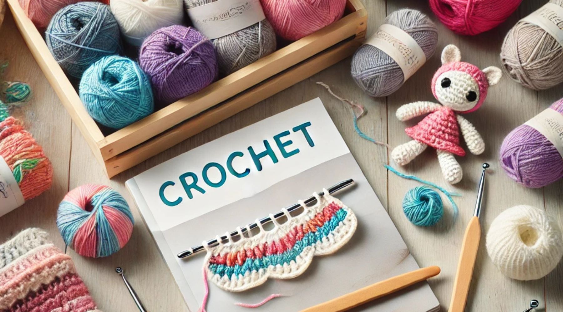 Crochet setup with yarn, a cute toy, and tools arranged on a wooden table.