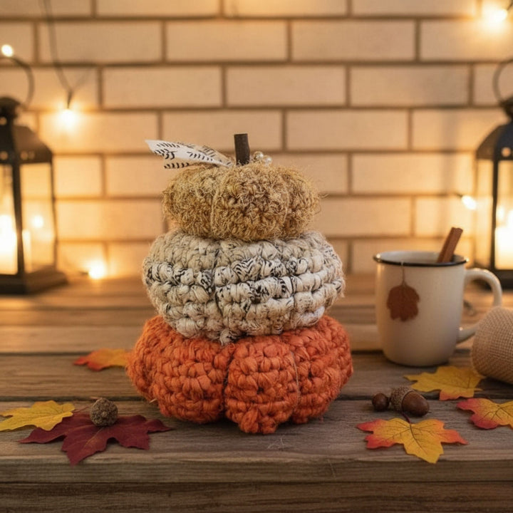 Darn Good Yarn: Stacked Textured Pumpkins Crochet Pattern (Easy) | Fall Home Decor with Sari Silk & Banana Fiber, Patterns