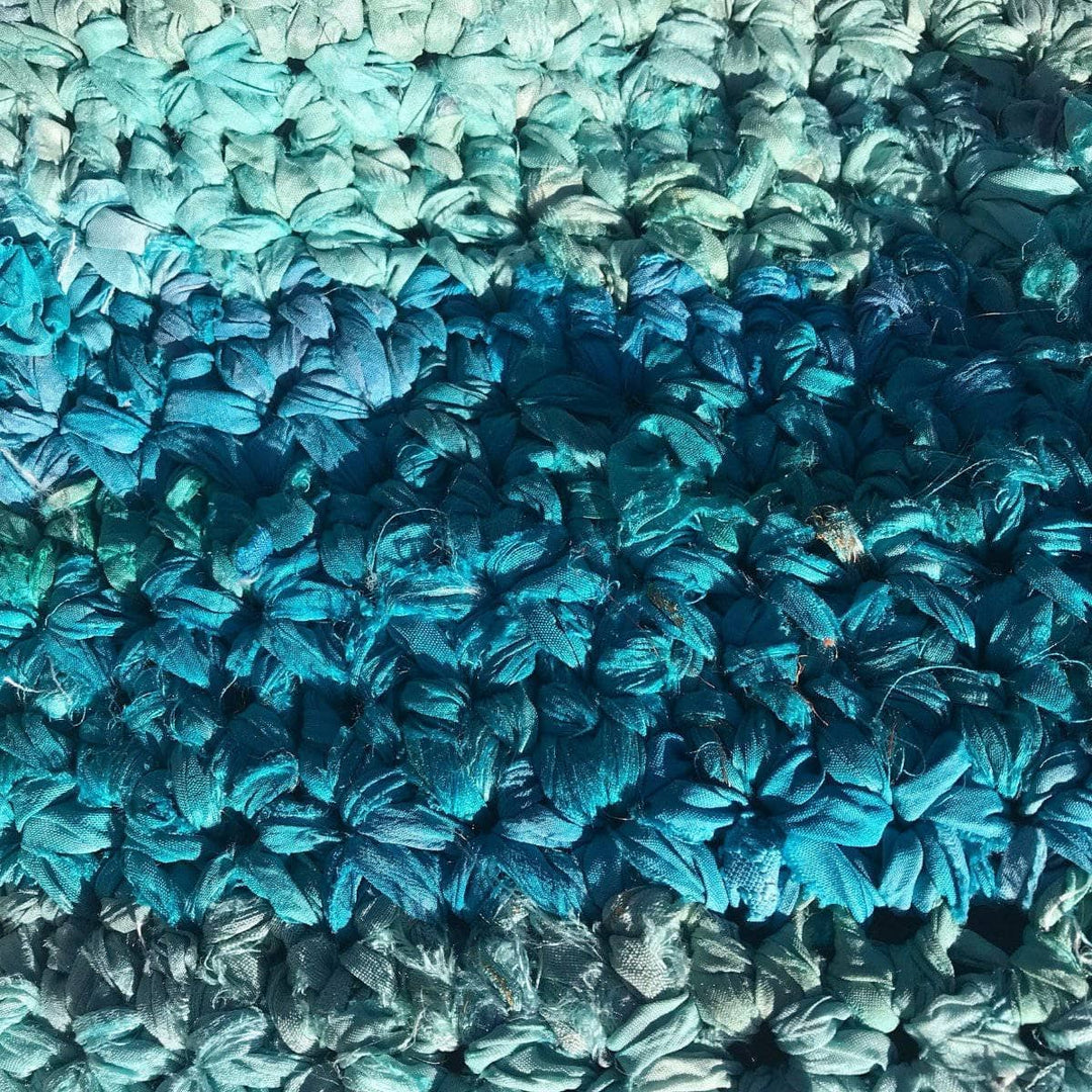 Close up of Anna Tote Bag Crochet tote bag in blues