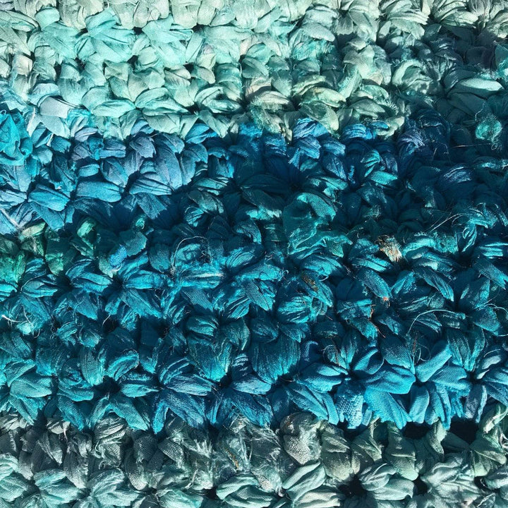 Close up of Anna Tote Bag Crochet tote bag in blues