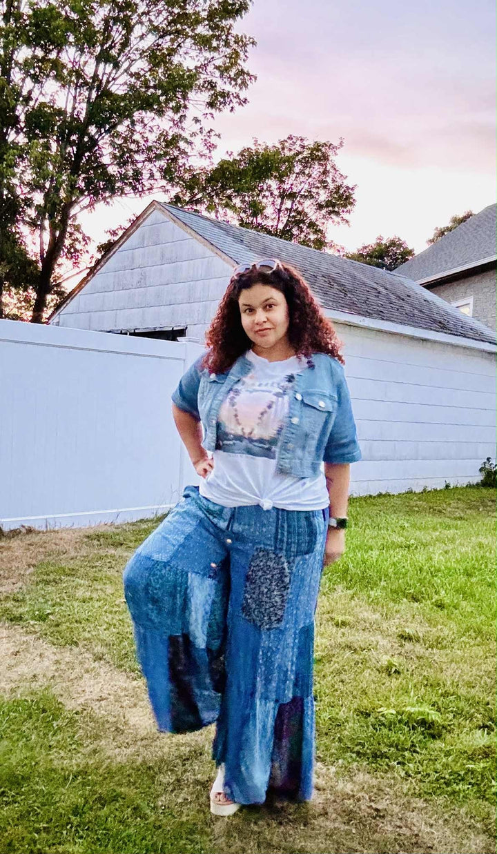 Darn Good Yarn: Limited Edition: Woodstock Dreams Retro Revival Long Flared Patchwork Pants - Indigo, Clothing and Accessories