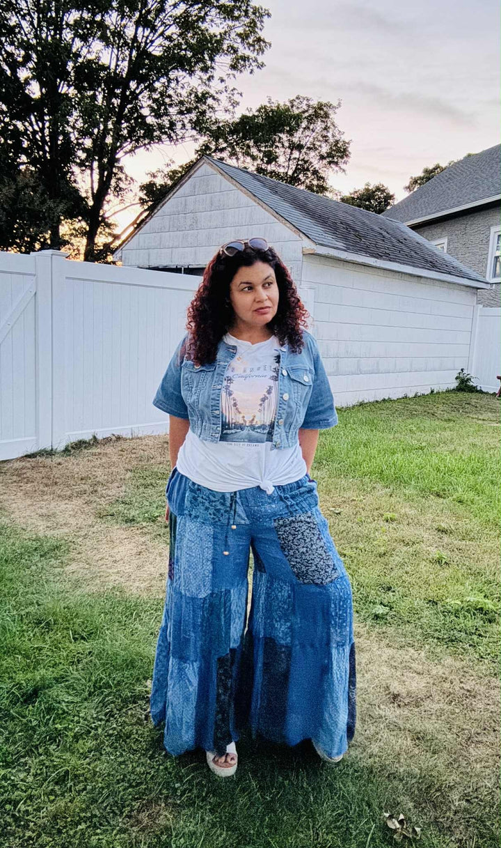 Darn Good Yarn: Limited Edition: Woodstock Dreams Retro Revival Long Flared Patchwork Pants - Indigo, Clothing and Accessories