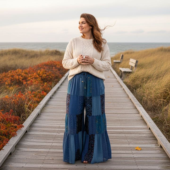 Darn Good Yarn: Limited Edition: Woodstock Dreams Retro Revival Long Flared Patchwork Pants - Indigo, Clothing and Accessories
