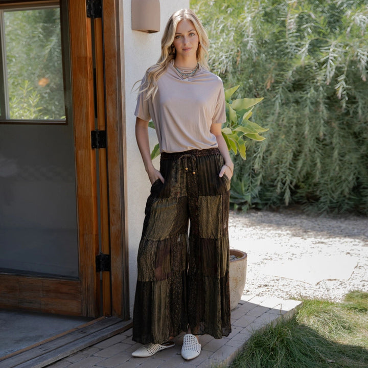 Darn Good Yarn: Limited Edition: Woodstock Dreams Retro Revival Long Flared Patchwork Pants - Indigo, Clothing and Accessories
