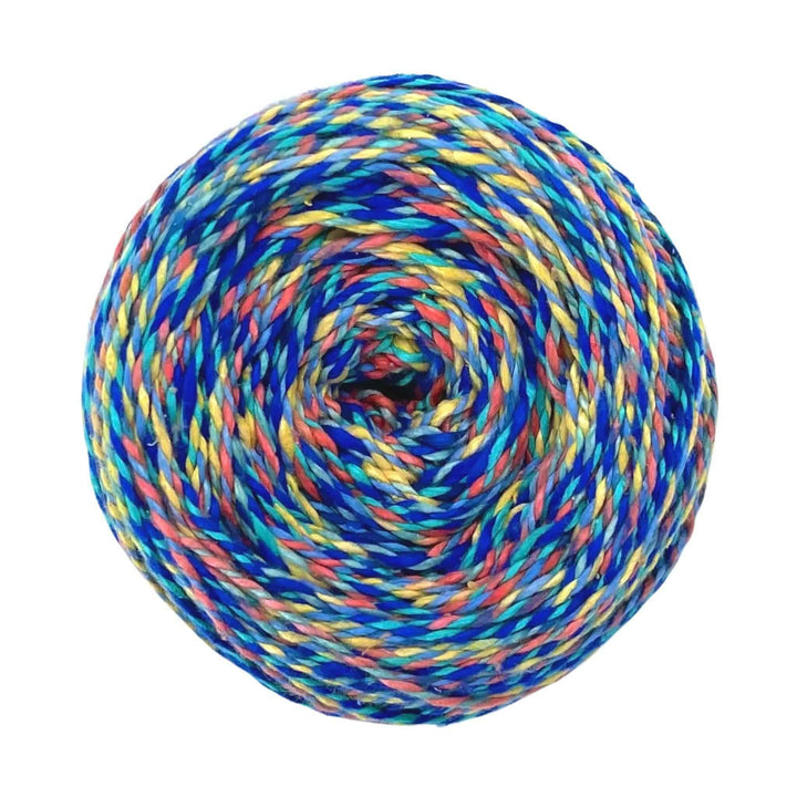 Blue yarn ball with yellow, pink, and green twists.