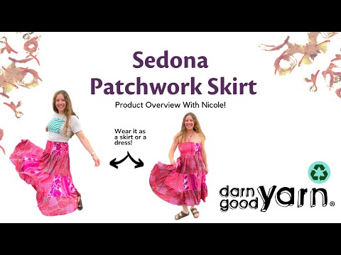 Product overview of Darn Good Yarn's Sedona Patchwork Skirt made form recycled sari silk, handmade at our co-ops in India