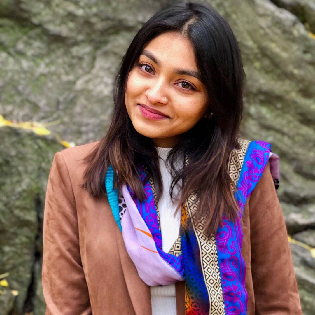 Woman wearing a medley scarf around her neck