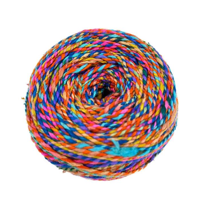 Colorful yarn ball with bright, multicolor swirls.