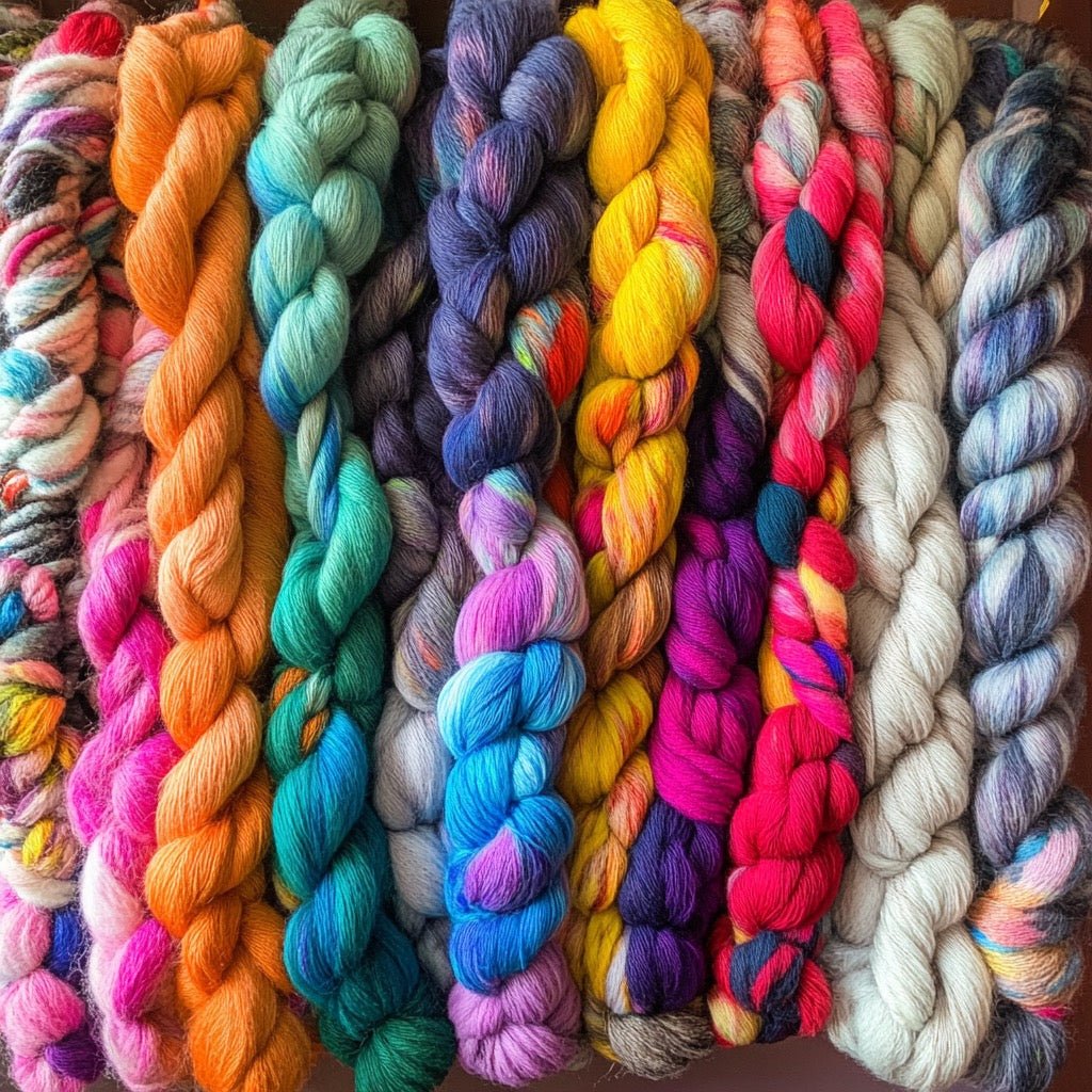 Assortment of brightly colored yarn skeins in shades of orange, blue, purple, and more.
