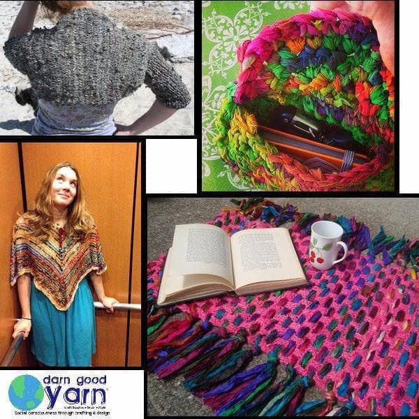 Photo collage of Best of Darn Good Yarn's Beginner Pattern Packs - woven lap blanket, crochet shawl, crochet purse, knitted cardigan