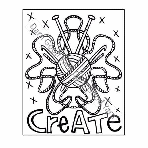Black and white yarn and knitting needles illustration with artsy text that reads 'Create'