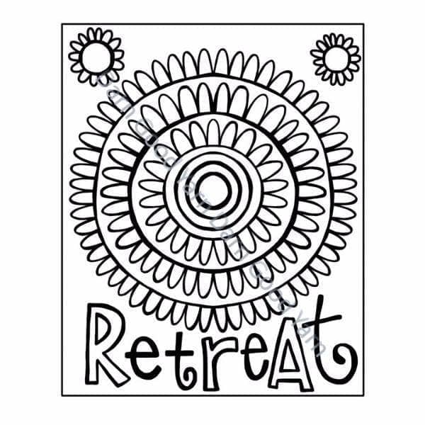 Black and white mandala illustration with artsy text that reads 'Retreat'