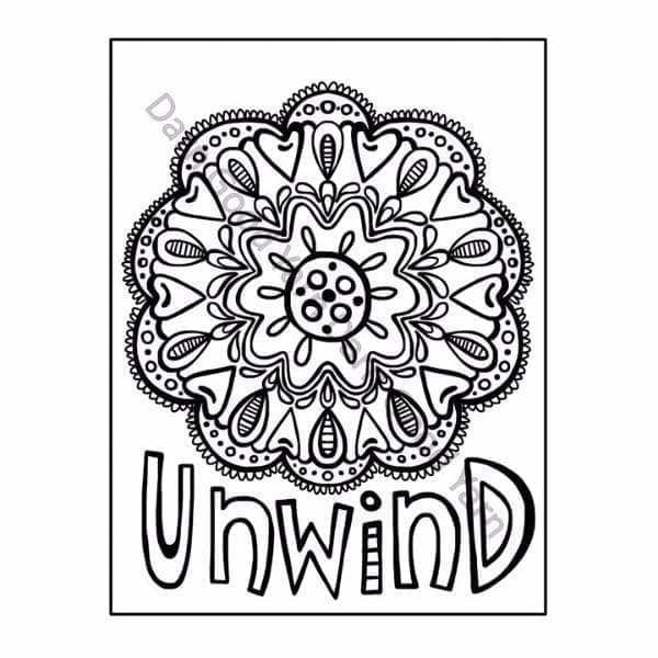 Black and white mandala illustration with artsy text that reads 'Unwind'