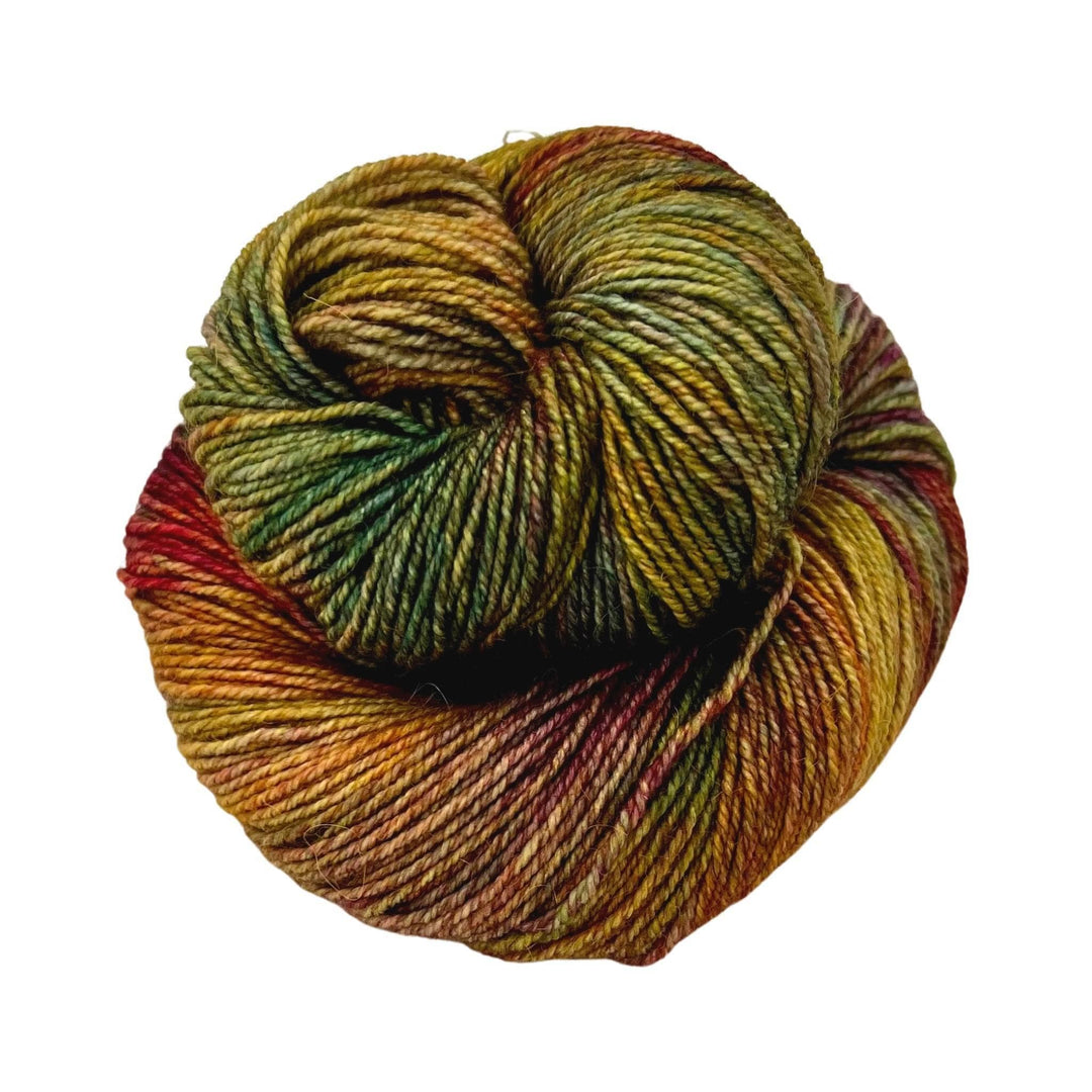 A skein of green, yellow, orange and pink yarn on a white background