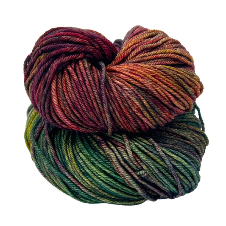 malabrigo rios in Diana (reds, greens) in front of a white background.