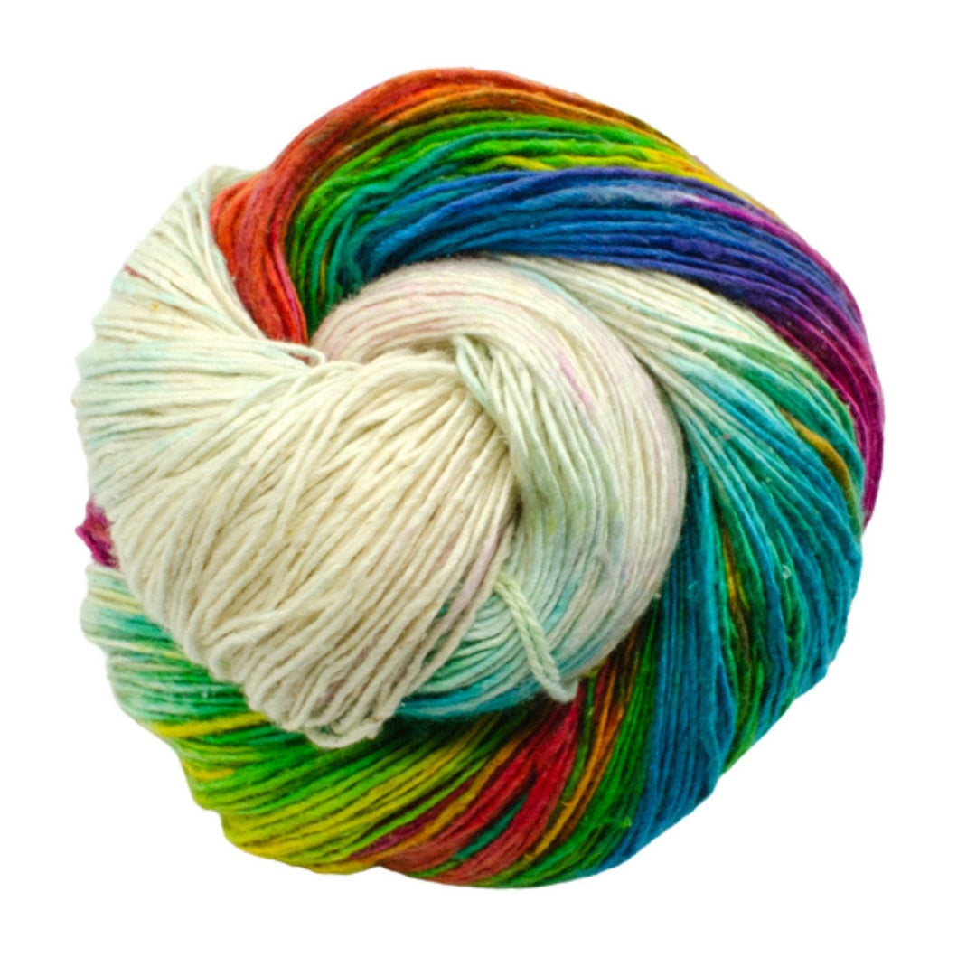 A skein of white and rainbow yarn on a white background