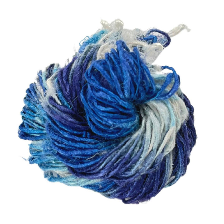 banana fiber yarn ikat indigo light blue dark blue and white variegated vegan yarn.