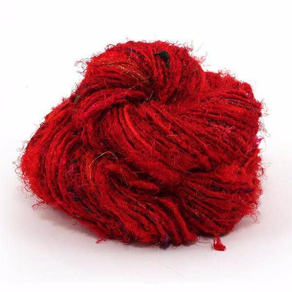  Recycled Silk Handspun Yarn close up in the color "Cherry Red" with a white background
