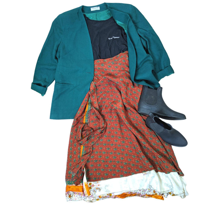 flat lay of skirt with teal balzer