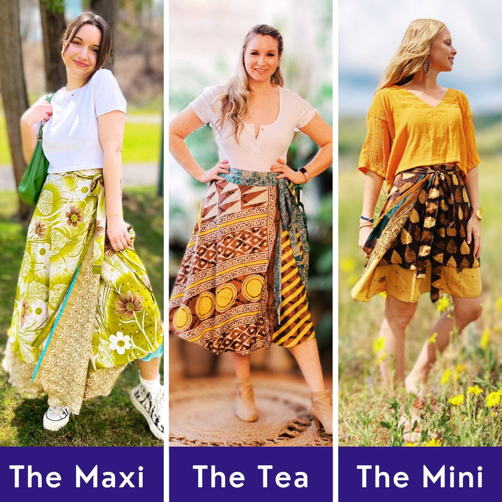The Discovery Pack- Graphic shows 3 images of models wearing maxi, tea and mini sari wrap skirts.