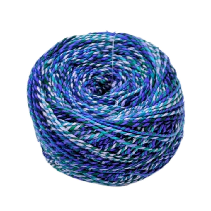 blue, purple, grey, and green variegated marled sport weight reclaimed silk yarn.
