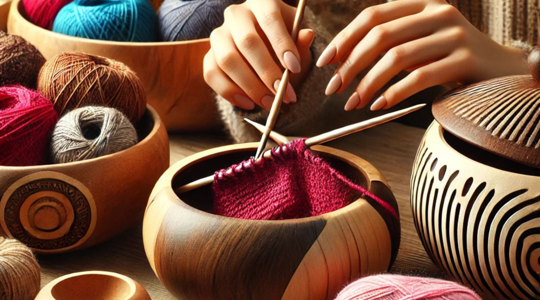 Hands knitting with vibrant yarn in elegant wooden bowls.