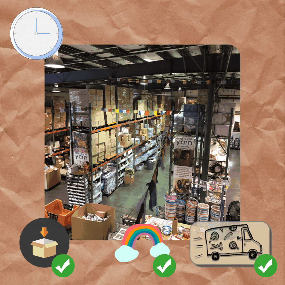 A picture of our DGY warehouse from above. You can see our packing stations to the left, and the aisles of skirts, yarn, and storage containers to the right. 