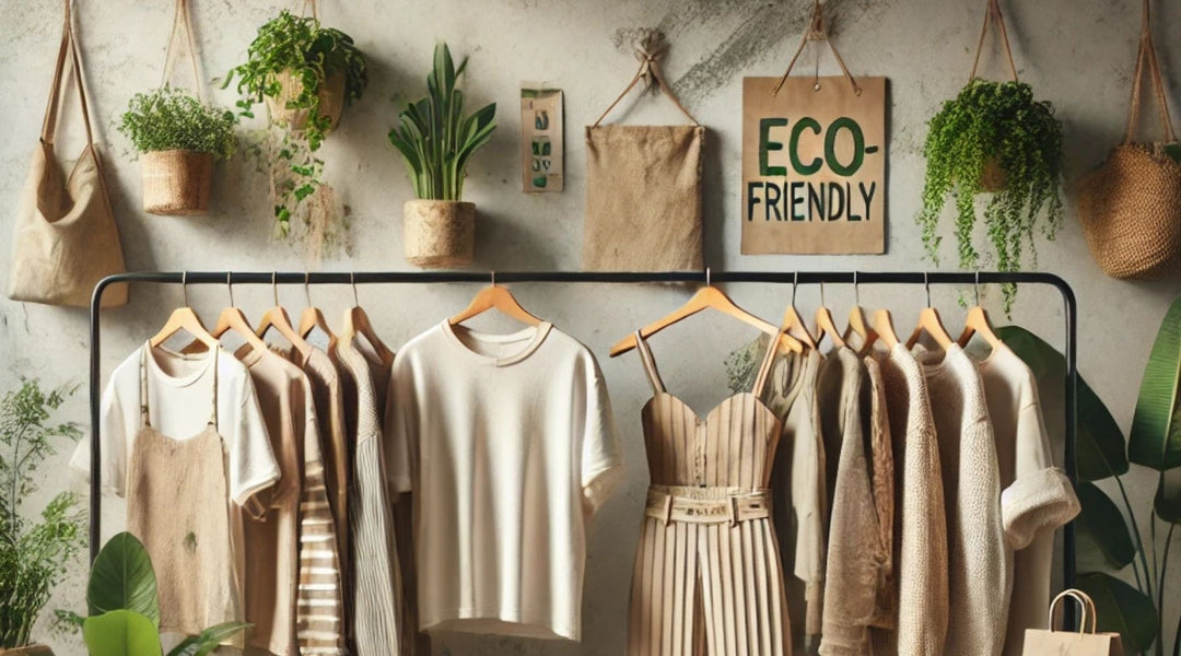 Eco-friendly clothing on racks with a natural aesthetic.
