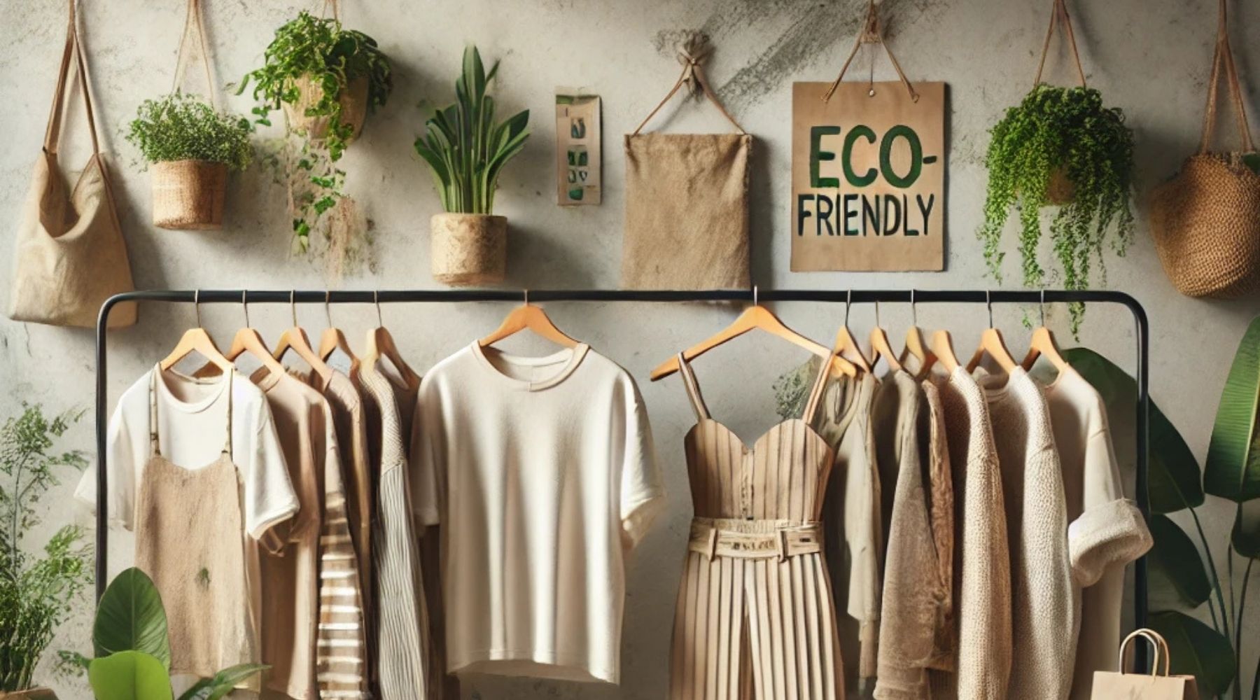 Eco-friendly clothing on racks with a natural aesthetic.