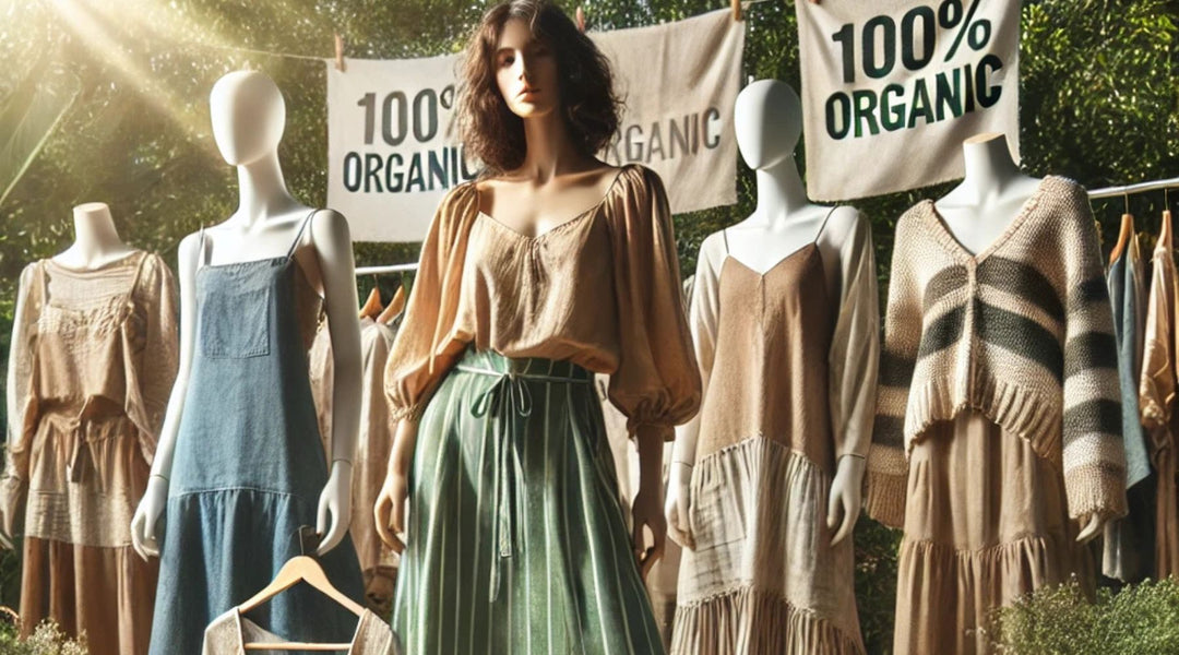 Organic cotton outfits displayed in a serene outdoor setting.