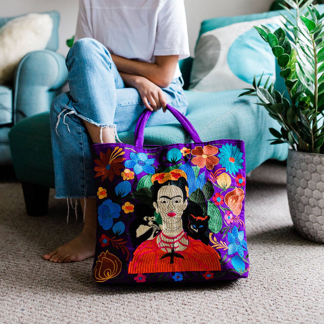 Embroidered Mexican Folk Art Tote Bag – Frida-Inspired, Assorted Designs