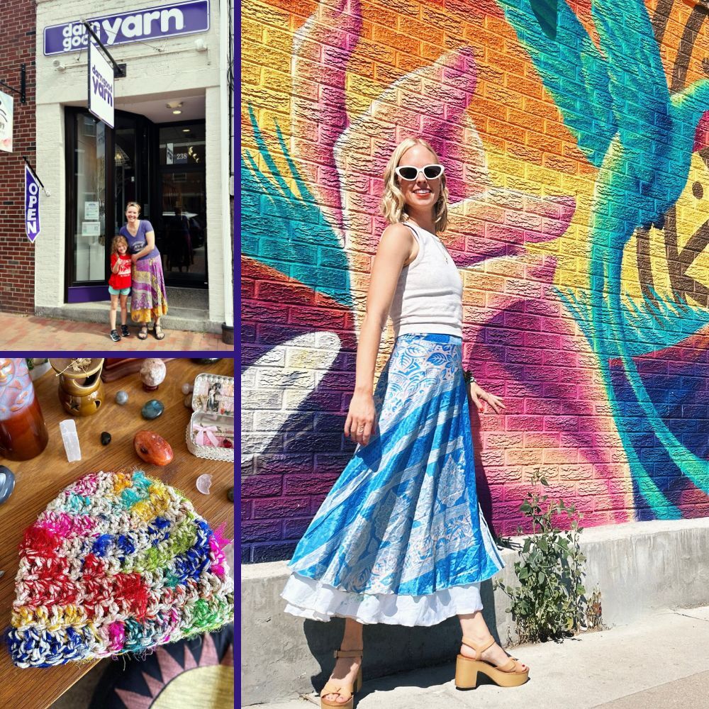 A colorful images showing the store and a woman in a flowing blue skirt.