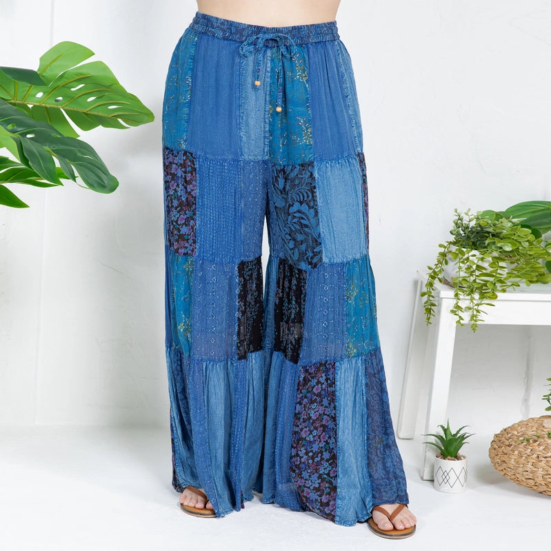 Darn Good Yarn: Limited Edition: Woodstock Dreams Retro Revival Long Flared Patchwork Pants - Indigo, Clothing and Accessories
