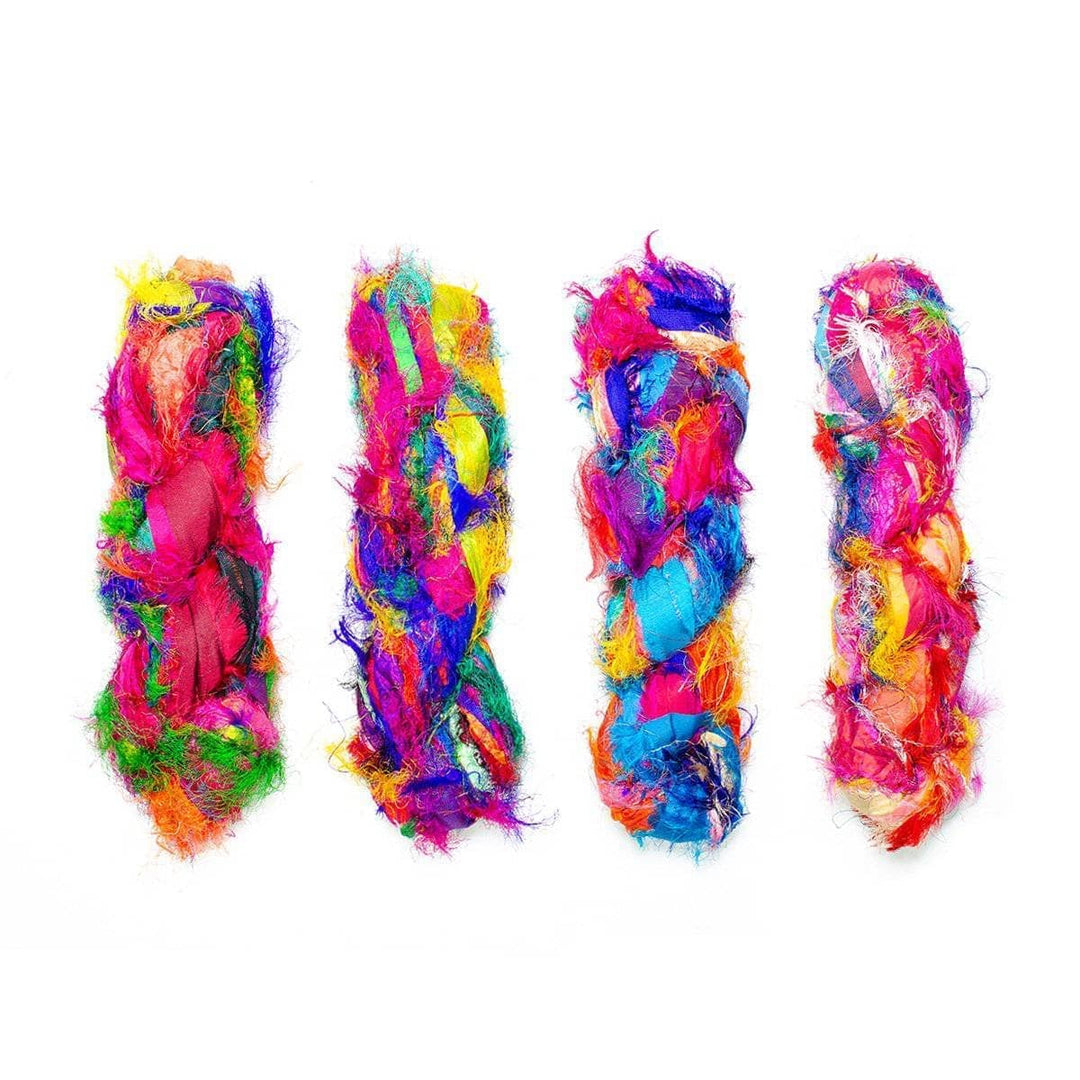 A bunch of colorful recycled chiffon ribbon yarn.