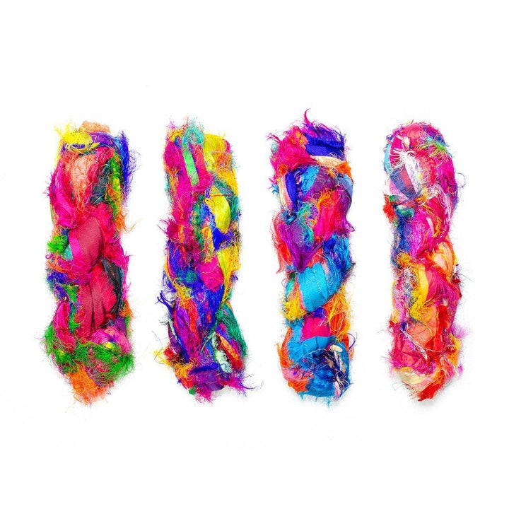 A bunch of colorful recycled chiffon ribbon yarn.