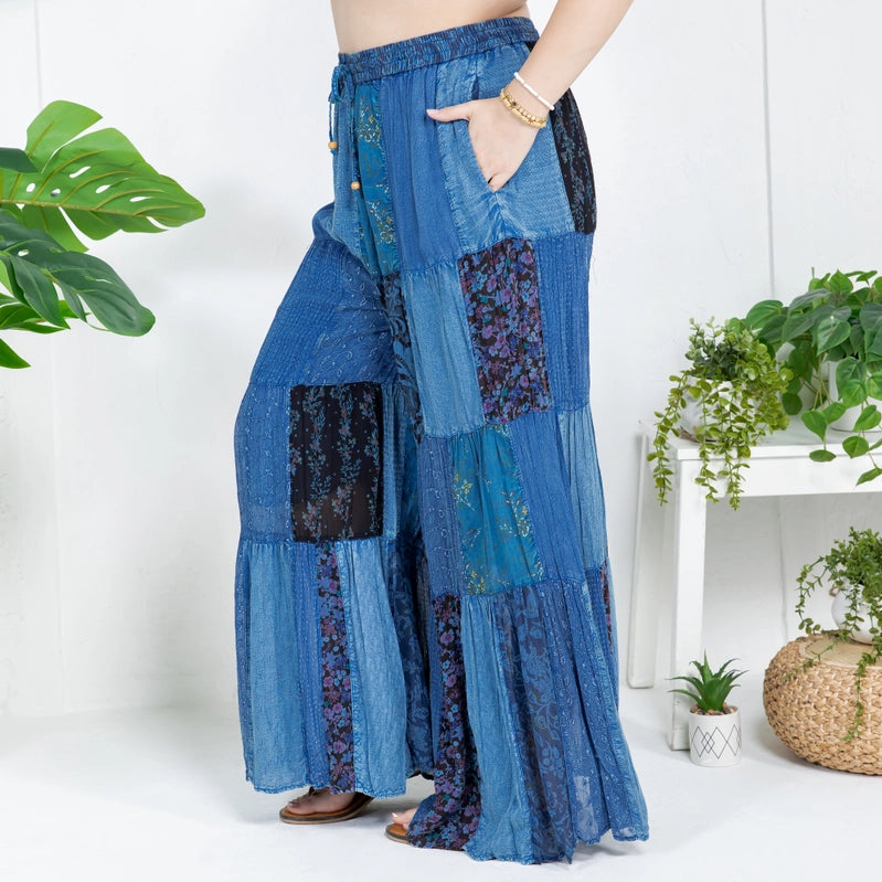 Darn Good Yarn: Limited Edition: Woodstock Dreams Retro Revival Long Flared Patchwork Pants - Indigo, Clothing and Accessories