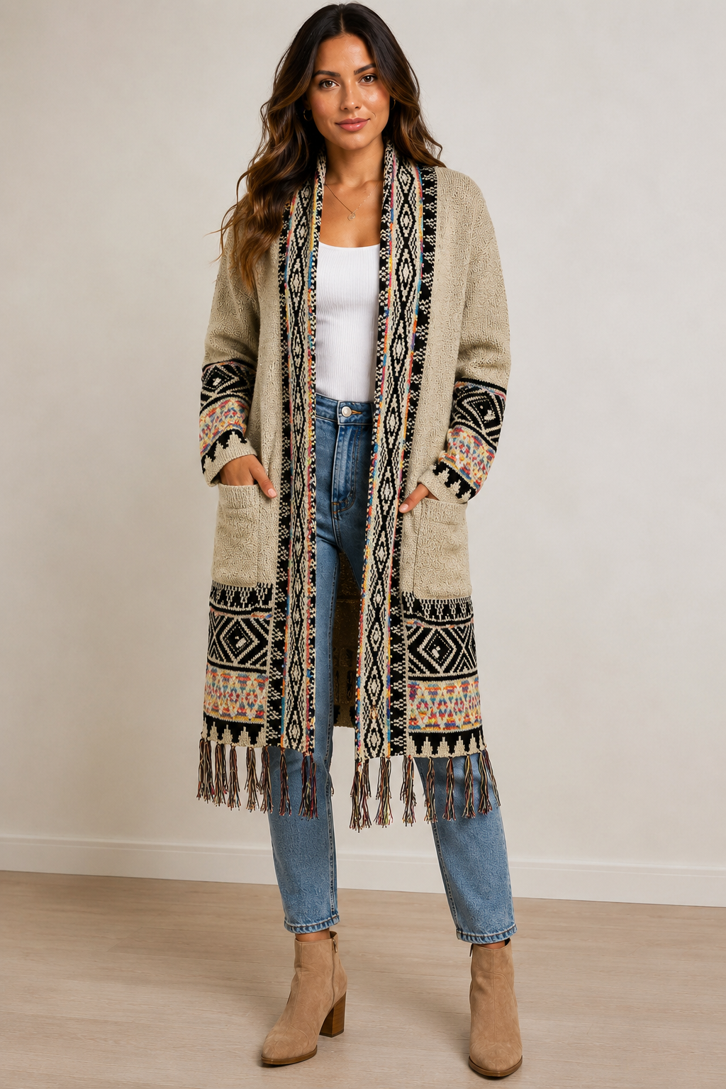 Gray Fringe Duster Cardigan – Women's Retro Boho Open-Front Sweater