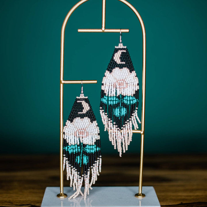 Moonflower Beaded Earrings – Black, Handmade Statement Fringe