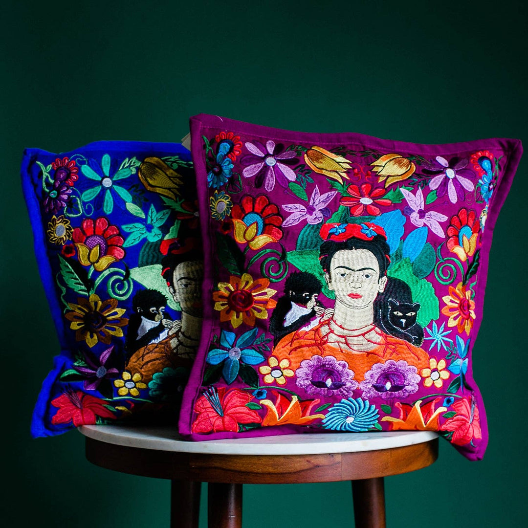 Frida Kahlo Embroidered Pillowcase – Fair Trade Dia de los Muertos Decor