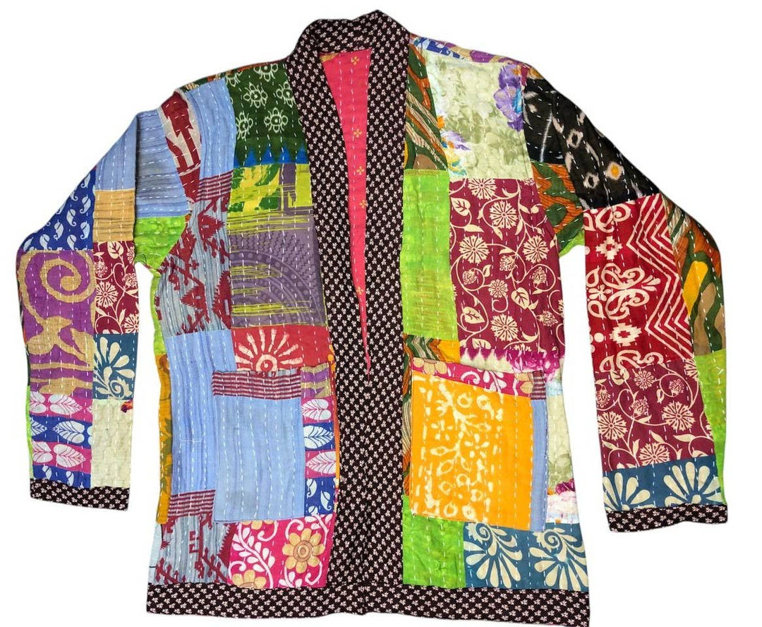 Kantha Patchwork Duster Cardigan – Reversible Boho Open-Front Jacket