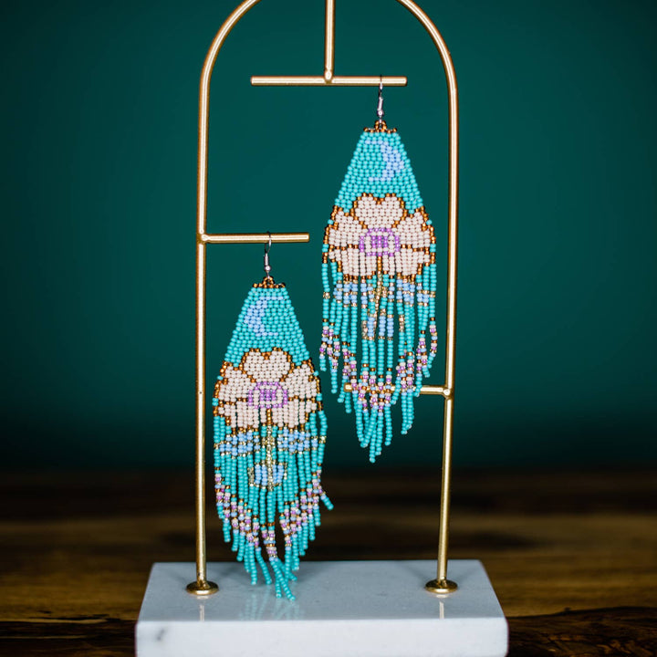 Moonflower Beaded Earrings – Turquoise, Handmade Statement Fringe