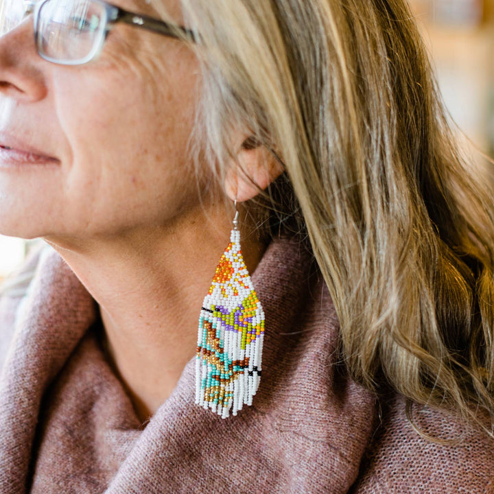 Sunrise Hummingbird Fringe Earrings – White Beaded Statement