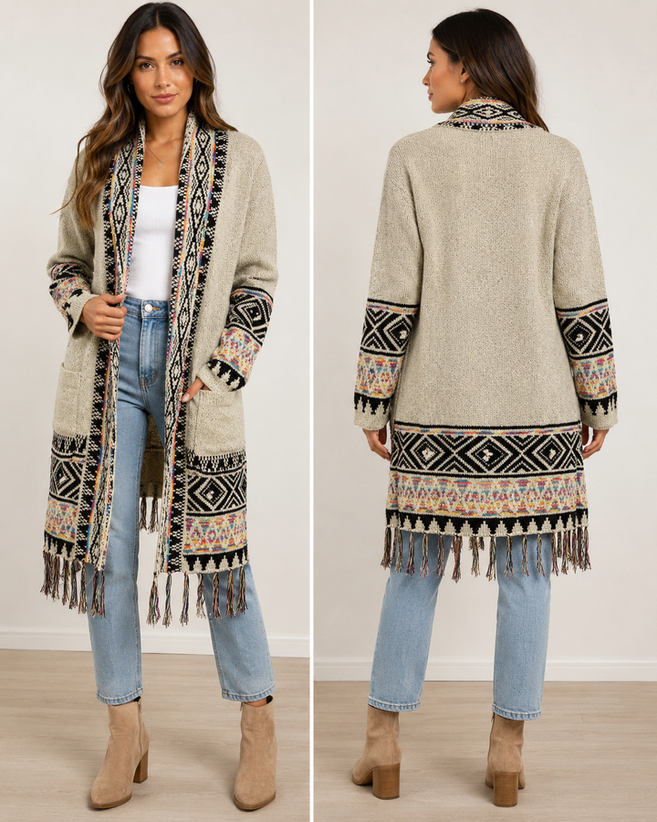 Gray Fringe Duster Cardigan – Women's Retro Boho Open-Front Sweater