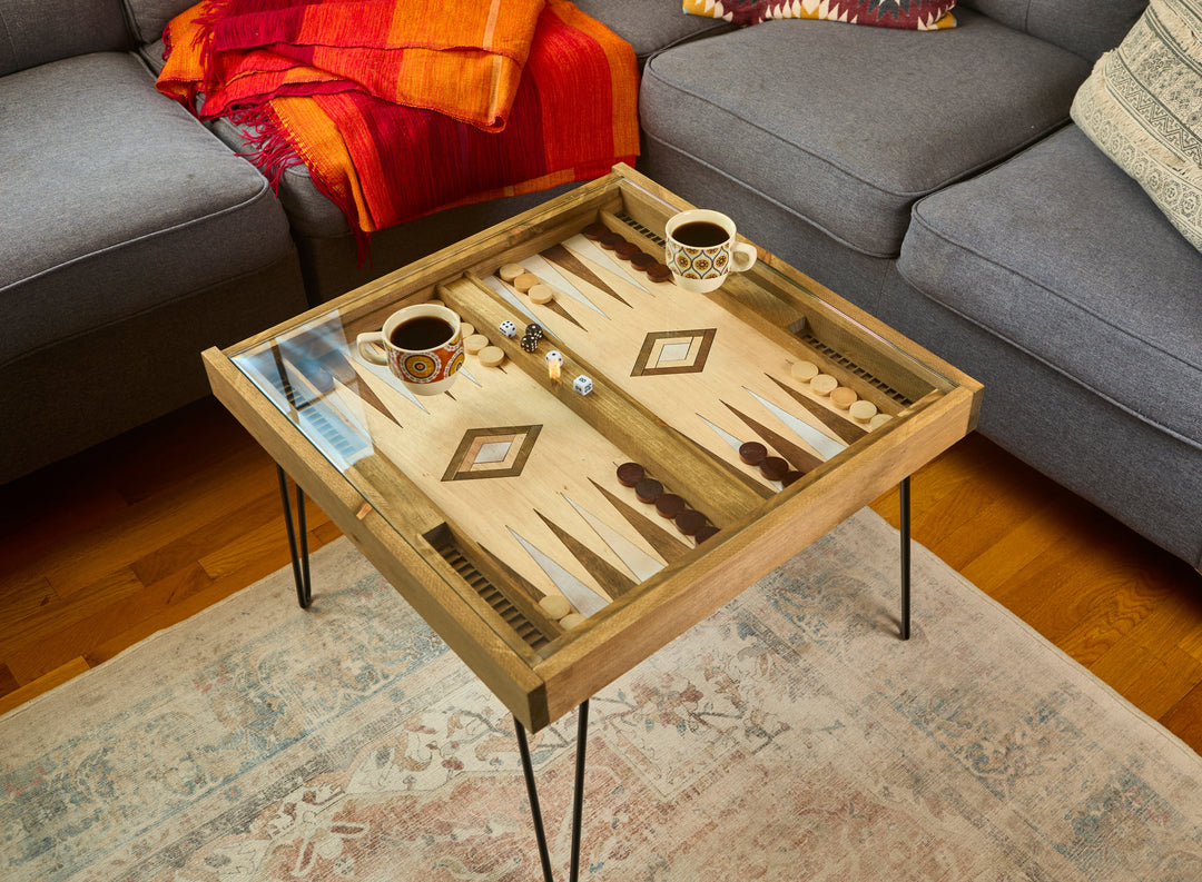Darn Good Yarn: Rustic Backgammon Coffee Table with removable glass top - 25x25", 
