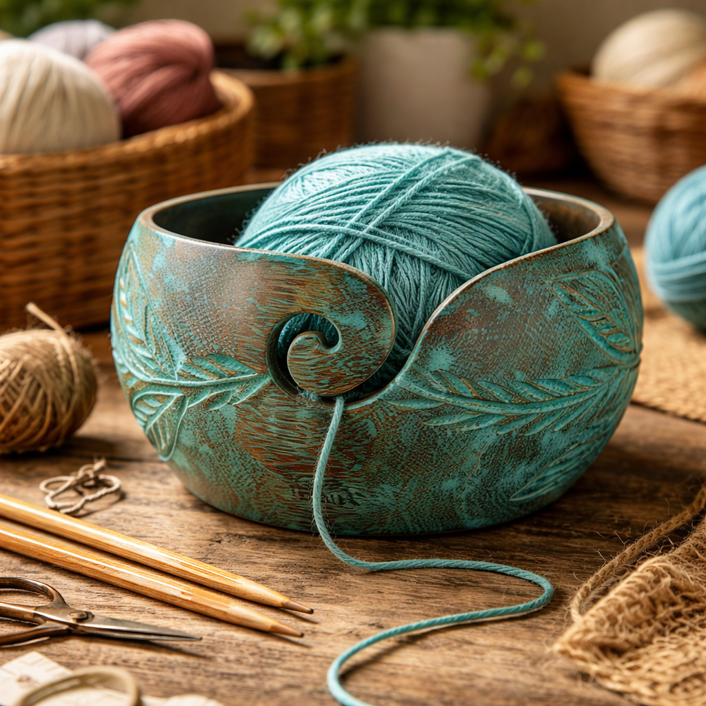 Darn Good Yarn: Isabelle Collection Wooden Yarn Bowl – Patina Blue/Green, Yarn Bowls