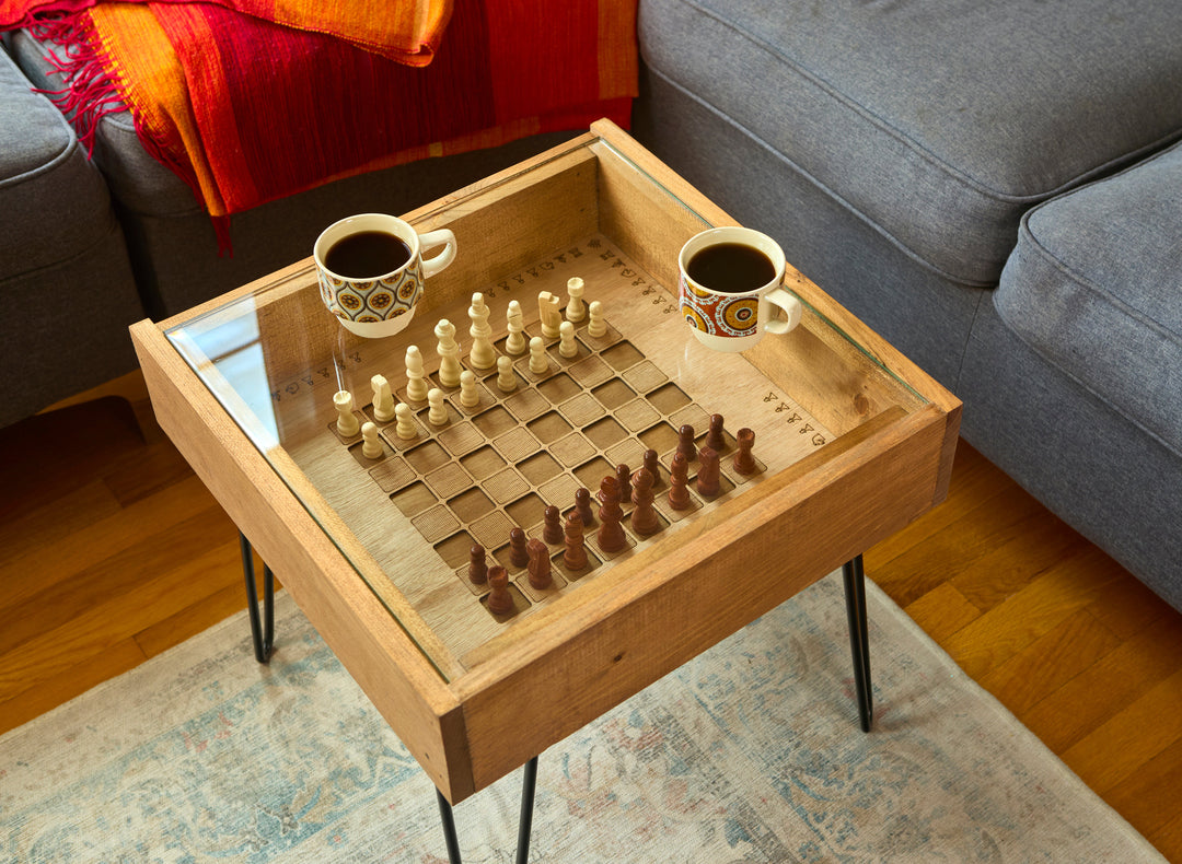 Darn Good Yarn: Rustic Chess and Checkers Table with removable glass top - chess and checkers pieces included, 