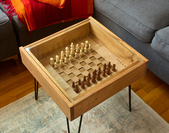 Darn Good Yarn: Rustic Chess and Checkers Table with removable glass top - chess and checkers pieces included, 