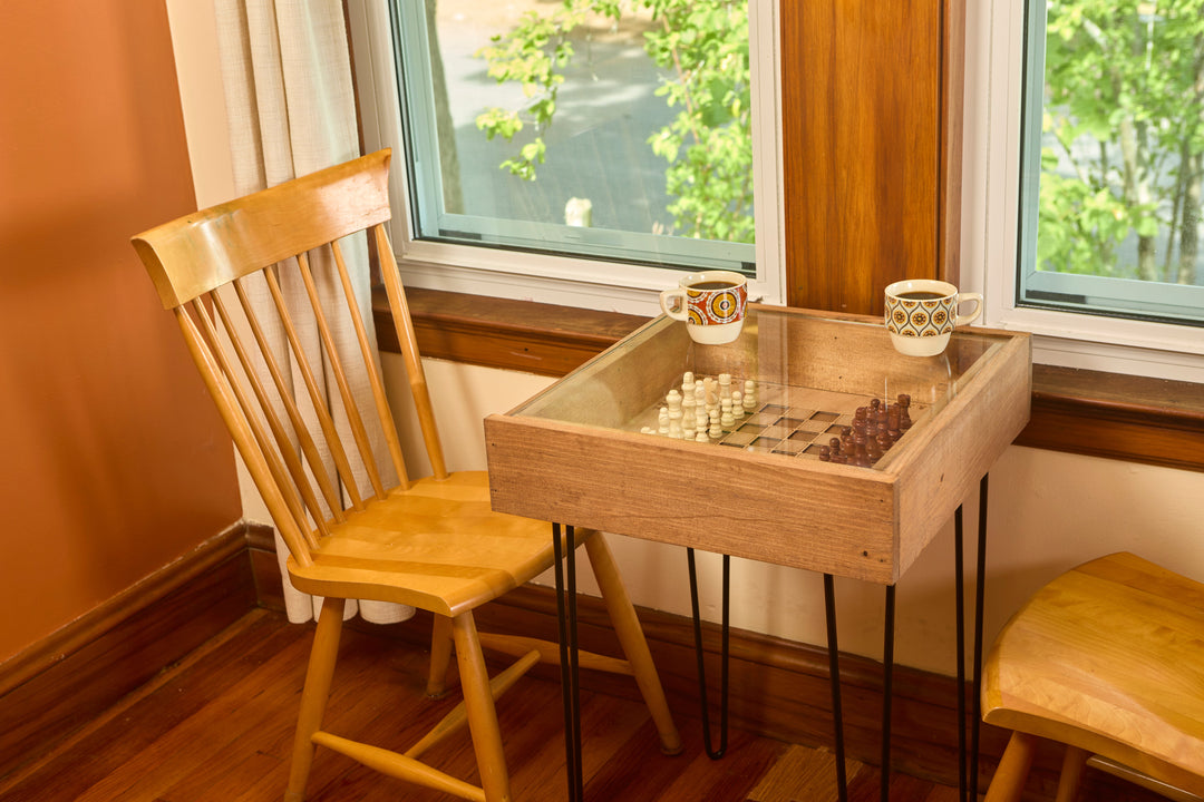 Darn Good Yarn: Rustic Chess and Checkers Table with removable glass top - chess and checkers pieces included, 