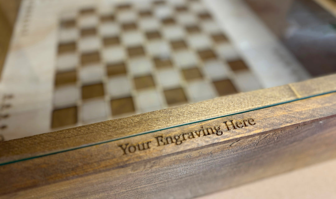Darn Good Yarn: Rustic Chess and Checkers Table with removable glass top - chess and checkers pieces included, 