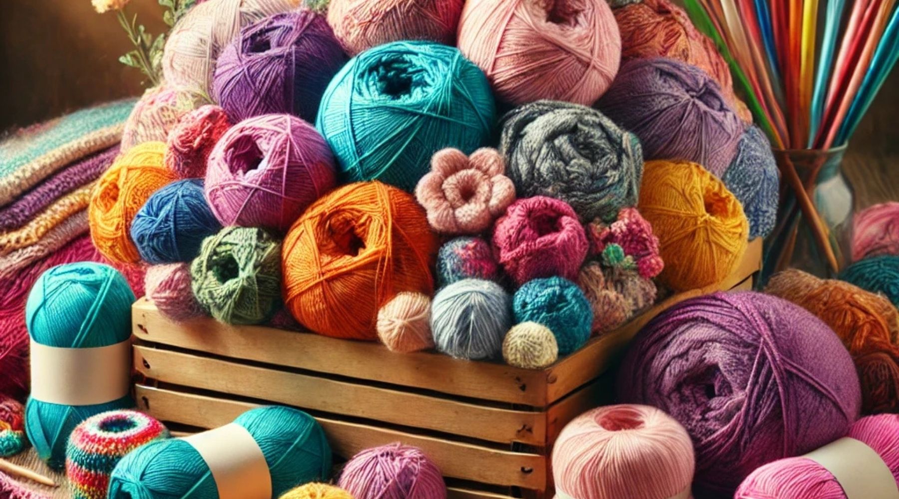 Wooden crate of colorful yarn balls for vibrant knitting creations.